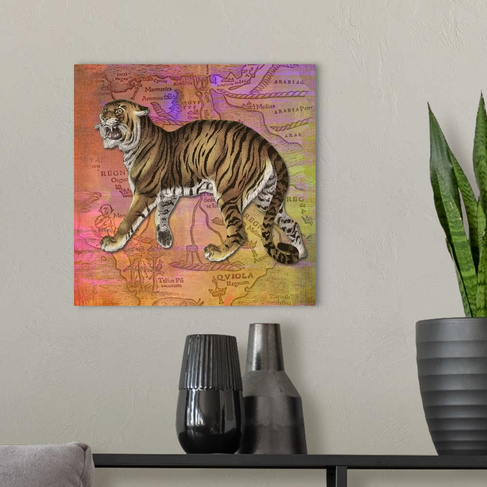 A modern room featuring Colourful vintage effect mixed media Tiger print.