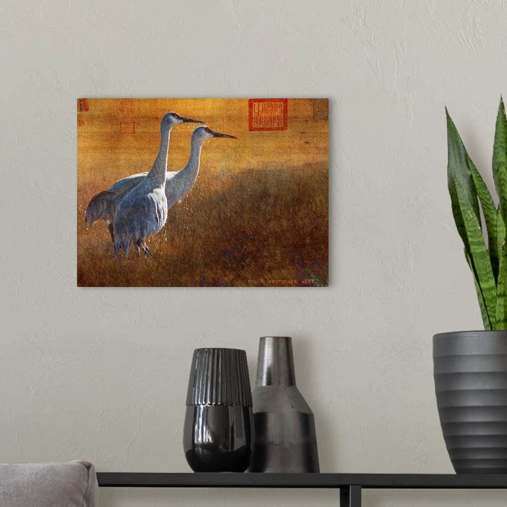 A modern room featuring Contemporary artwork of cranes standing together.