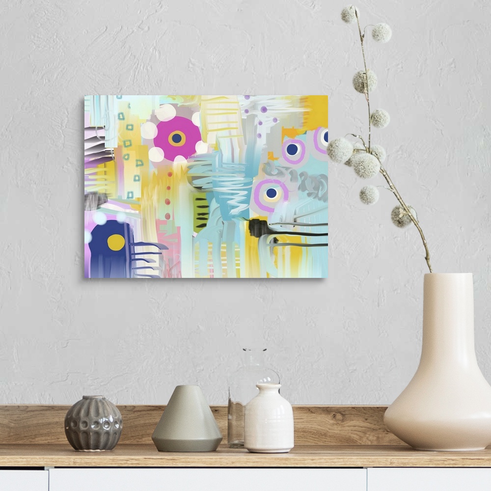 A farmhouse room featuring Whimsical abstract digital flower painting.