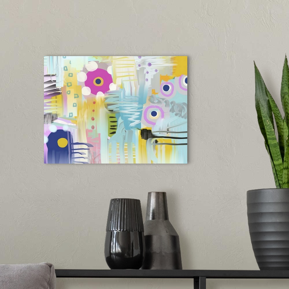 A modern room featuring Whimsical abstract digital flower painting.