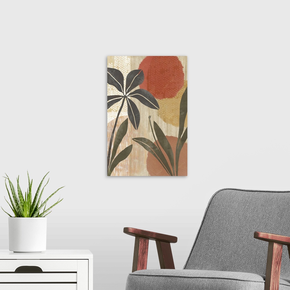 A modern room featuring Terracotta and green abstract botanical art print.