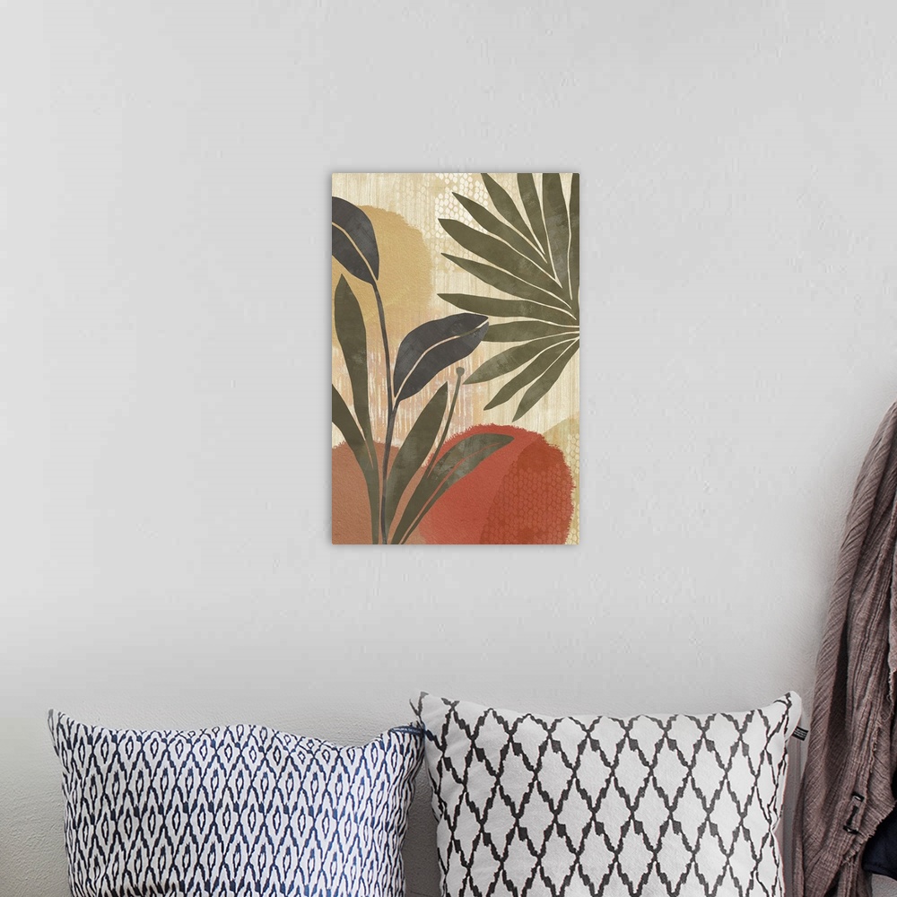 A bohemian room featuring Terracotta and green abstract botanical art print.