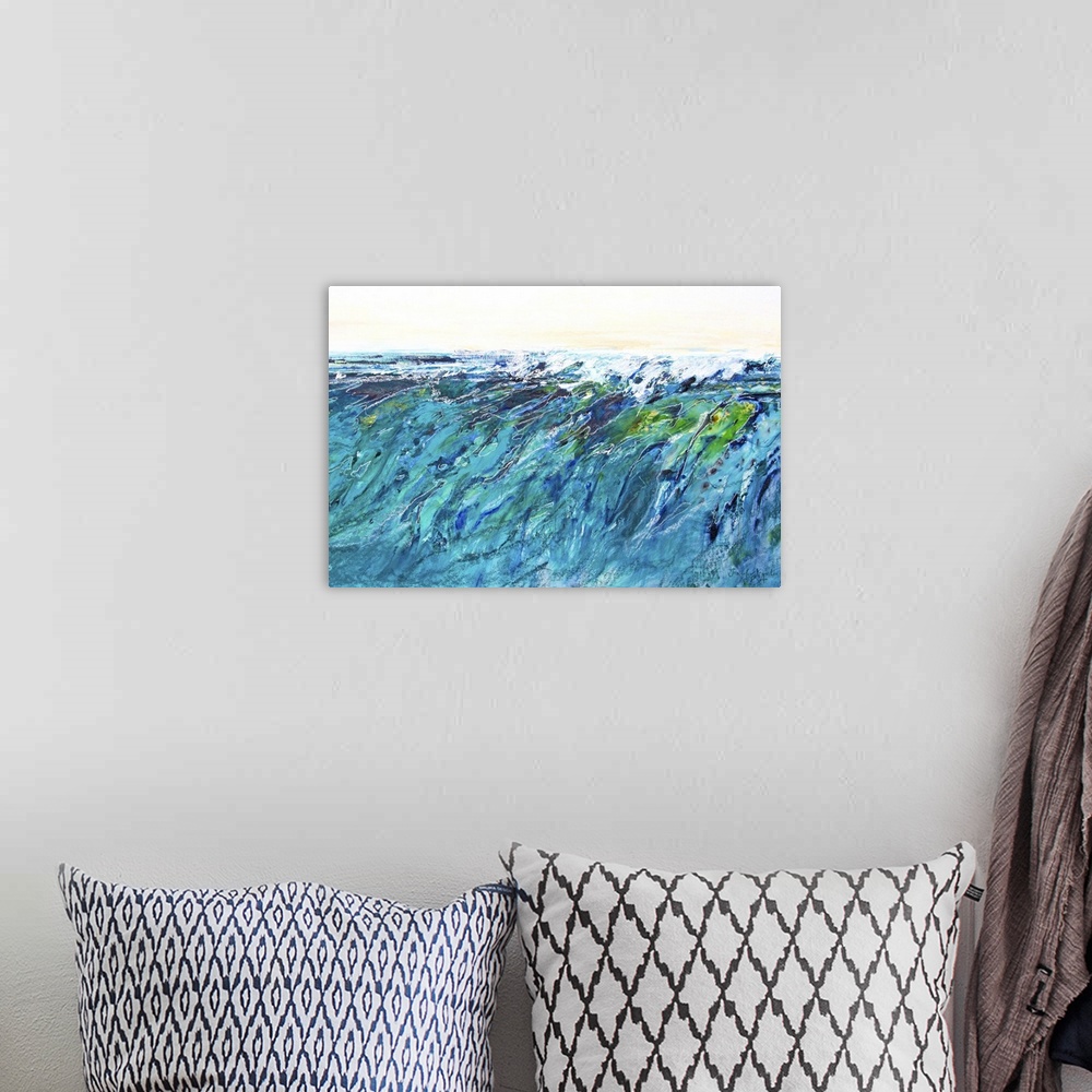 A bohemian room featuring Contemporary seascape painting of deep blue and green ocean waves with white foam.