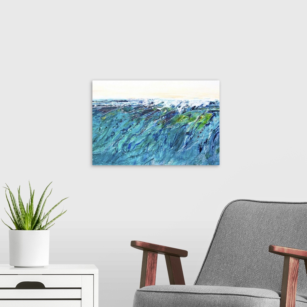 A modern room featuring Contemporary seascape painting of deep blue and green ocean waves with white foam.
