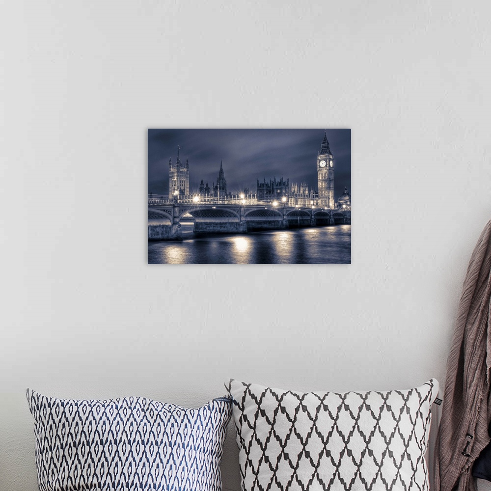 A bohemian room featuring HDR photograph of the houses of parliament and Big Ben from across the river Thames, London.