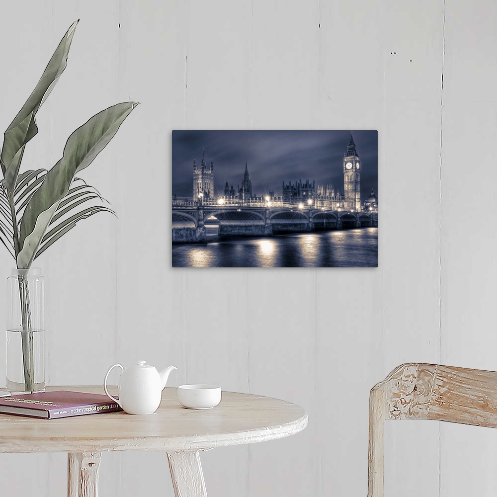 A farmhouse room featuring HDR photograph of the houses of parliament and Big Ben from across the river Thames, London.