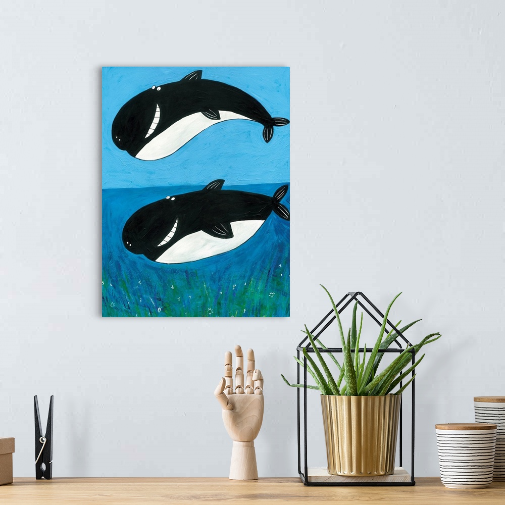 A bohemian room featuring Illustrated whale art by artist Carla Daly.