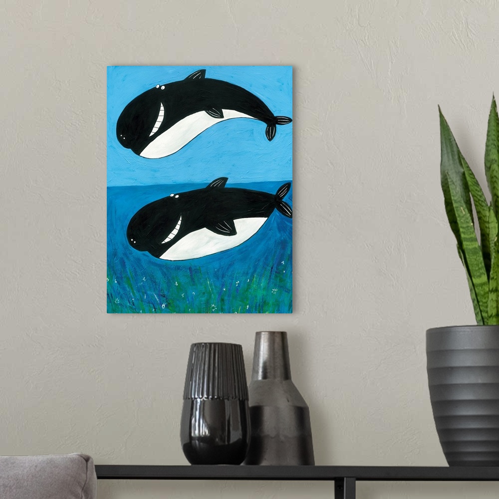 A modern room featuring Illustrated whale art by artist Carla Daly.