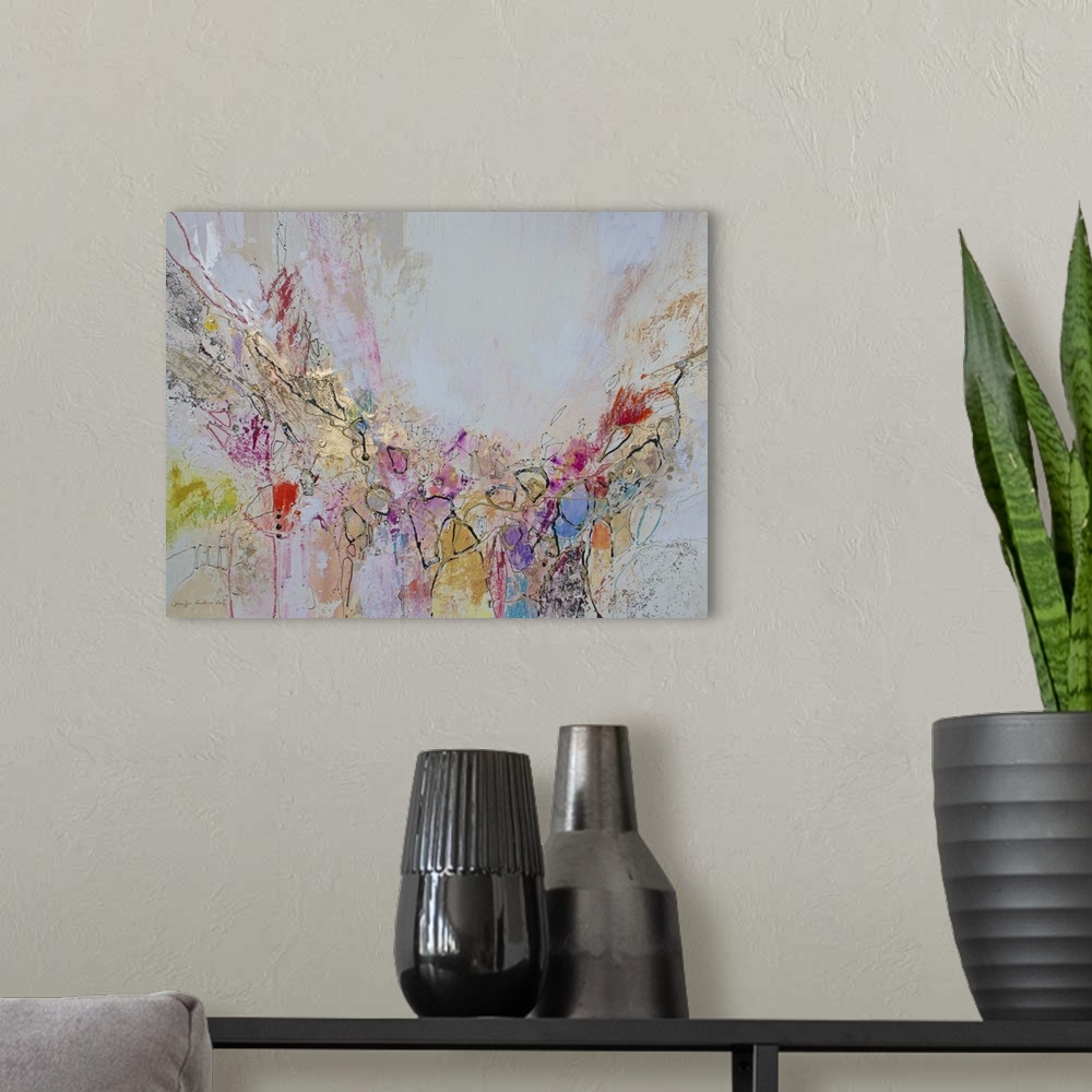 A modern room featuring Mixed media abstract on card with pastel, watercolor ink and metallics.