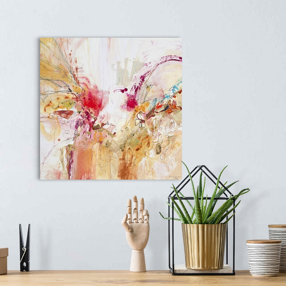 A bohemian room featuring Contemporary abstract art, originally in acrylic, ink, and watercolor, of splatters in red and or...