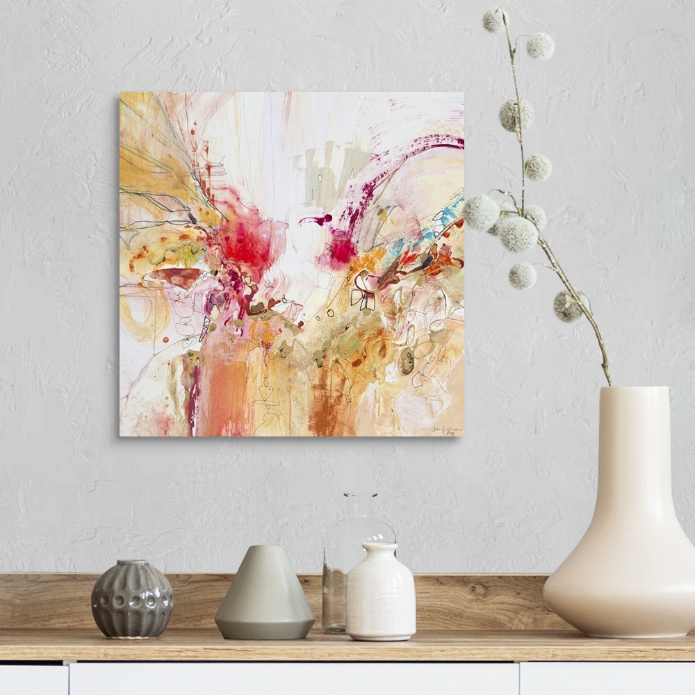 A farmhouse room featuring Contemporary abstract art, originally in acrylic, ink, and watercolor, of splatters in red and or...
