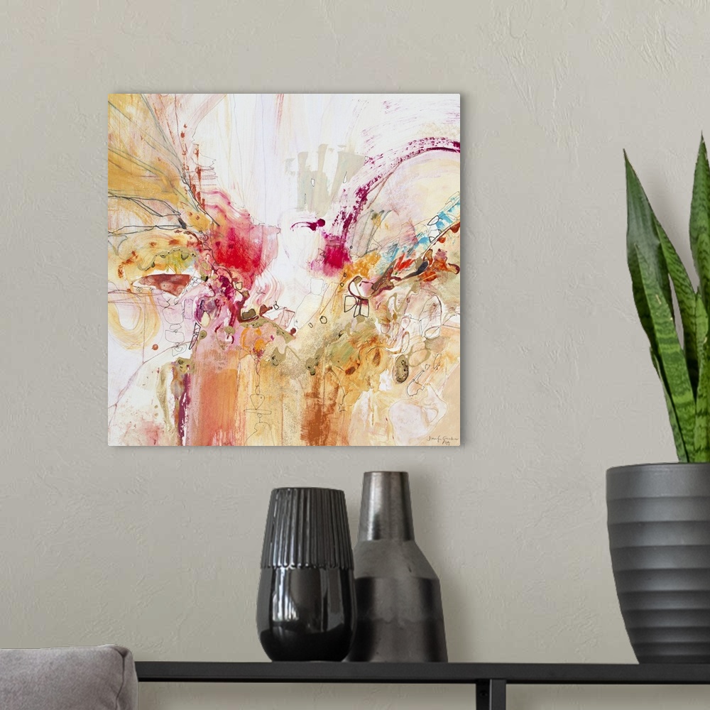A modern room featuring Contemporary abstract art, originally in acrylic, ink, and watercolor, of splatters in red and or...
