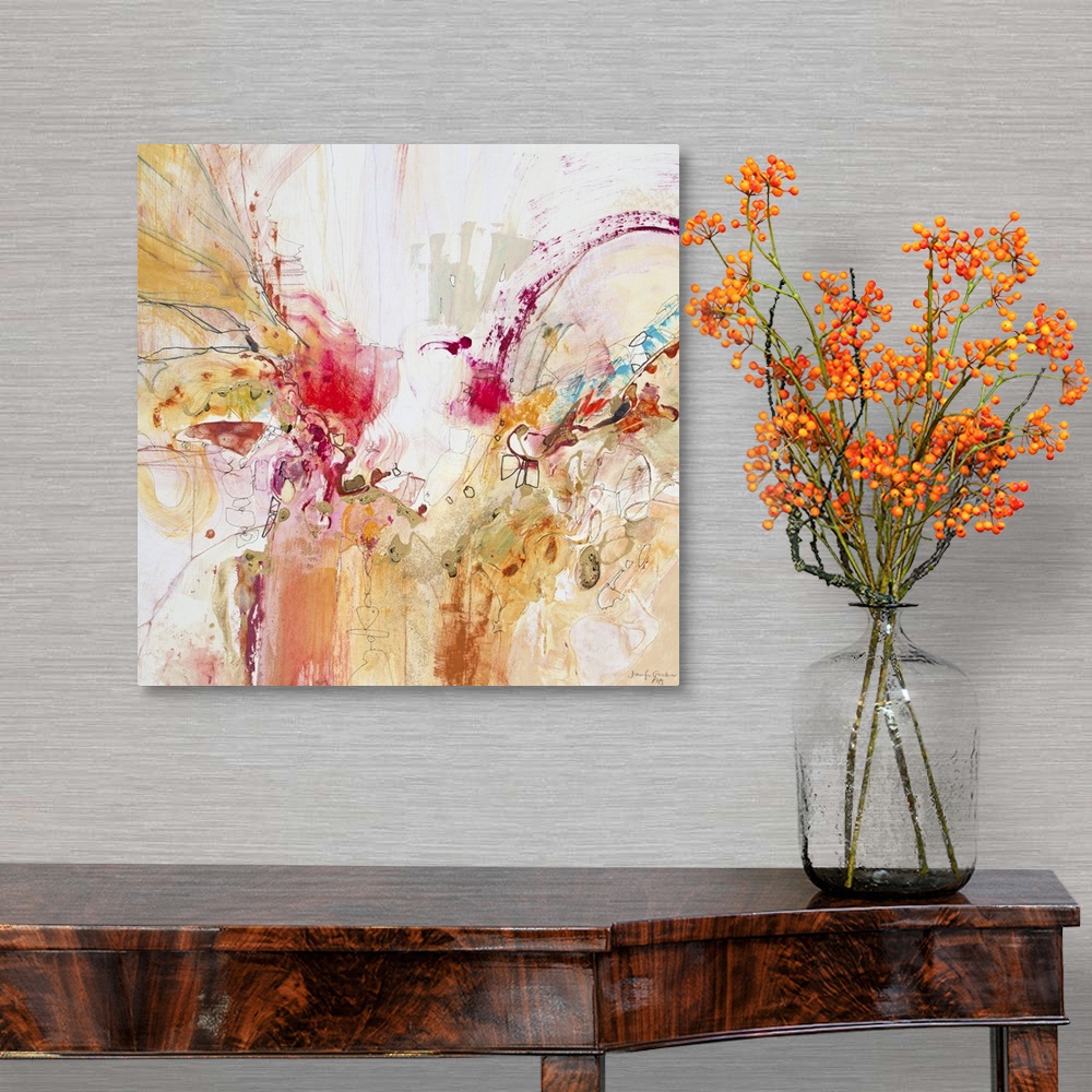 A traditional room featuring Contemporary abstract art, originally in acrylic, ink, and watercolor, of splatters in red and or...