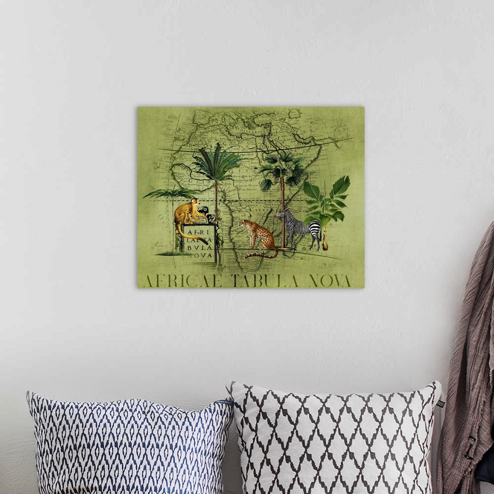 A bohemian room featuring Vintage style mixed media art with zebra, cheetahs, and old map.