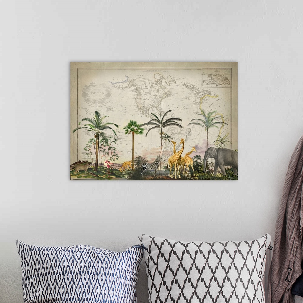 A bohemian room featuring Vintage style mixed media art with old map, tropical landscape, and wild animals.