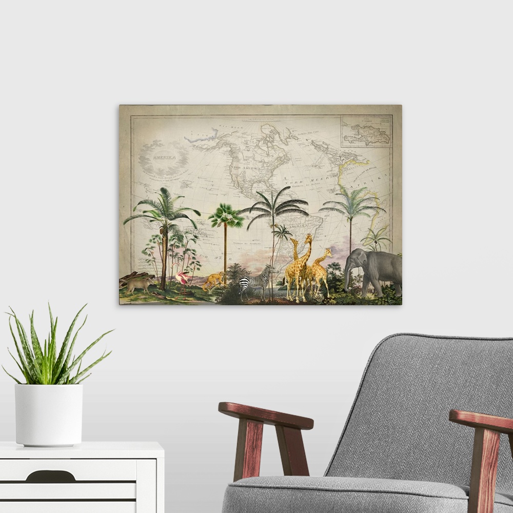 A modern room featuring Vintage style mixed media art with old map, tropical landscape, and wild animals.