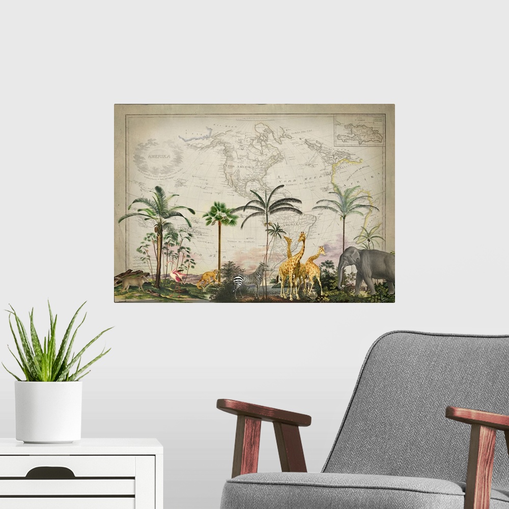 A modern room featuring Vintage style mixed media art with old map, tropical landscape, and wild animals.