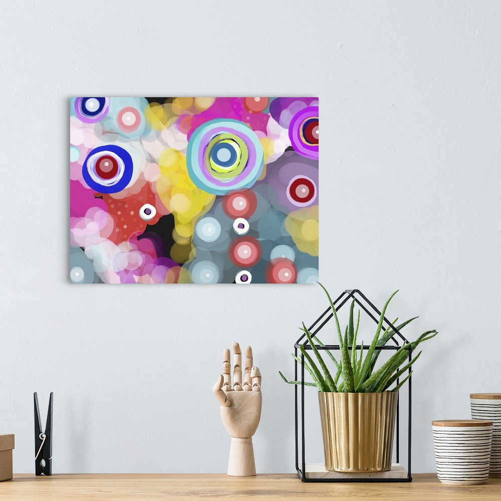 A bohemian room featuring Whimsical abstract digital circle painting.