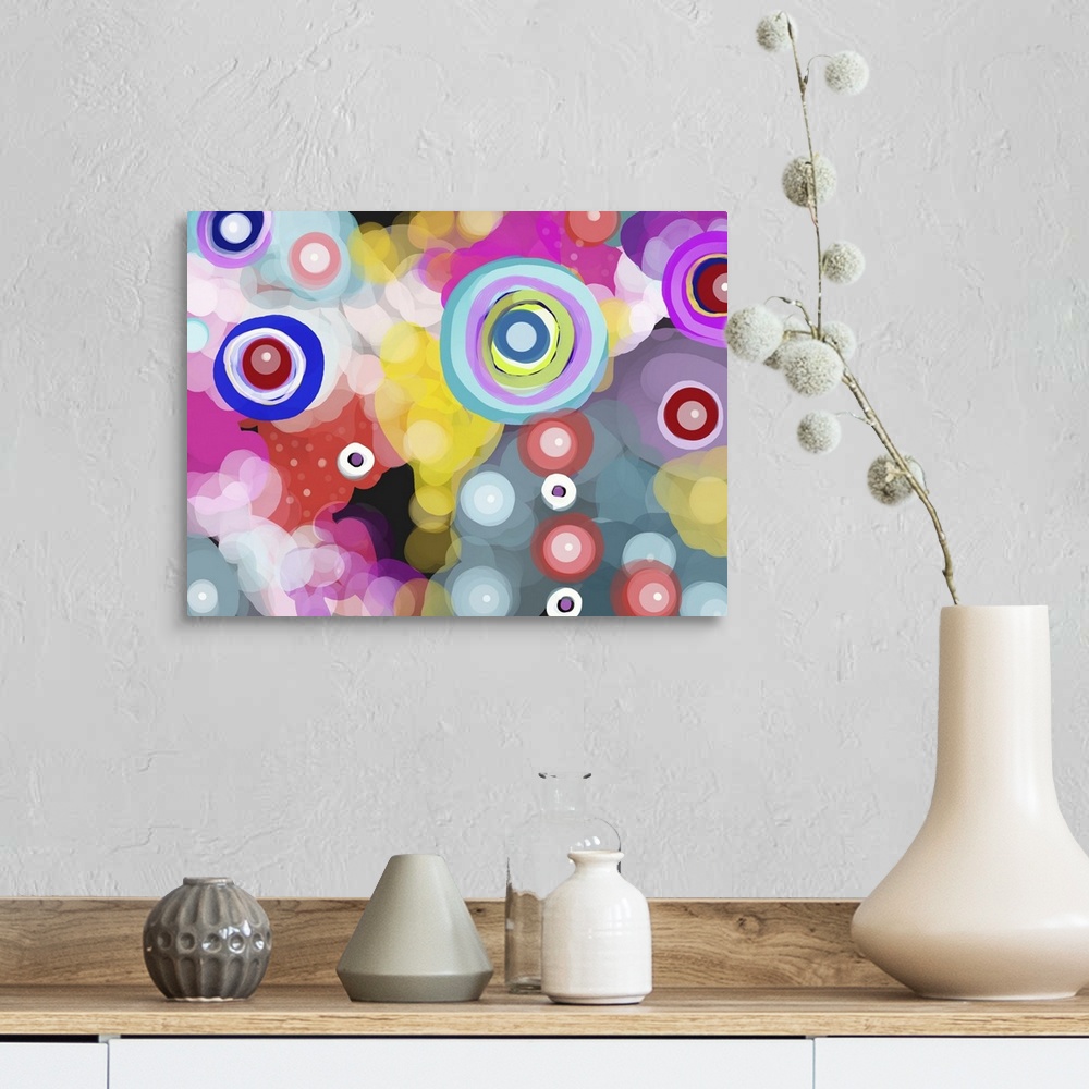 A farmhouse room featuring Whimsical abstract digital circle painting.