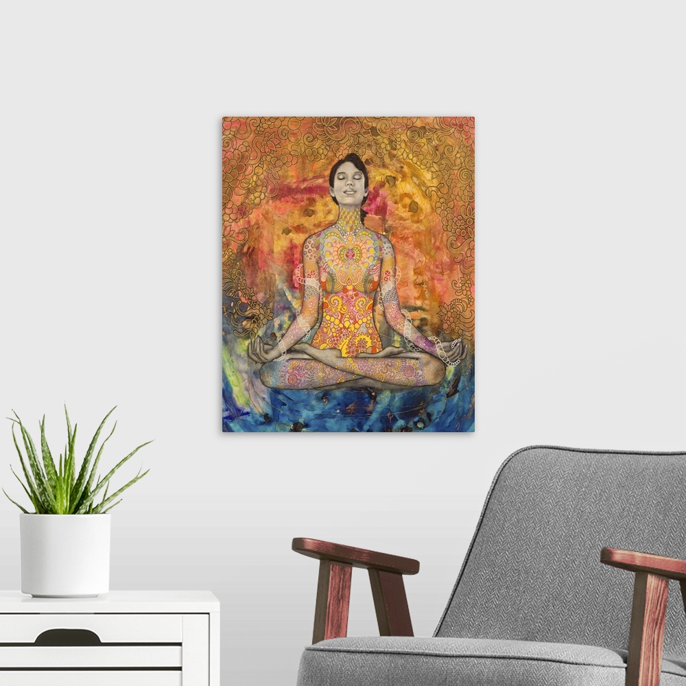 A modern room featuring A woman meditating with her hands on her knees, decorated with florals and swirls, on an orange a...