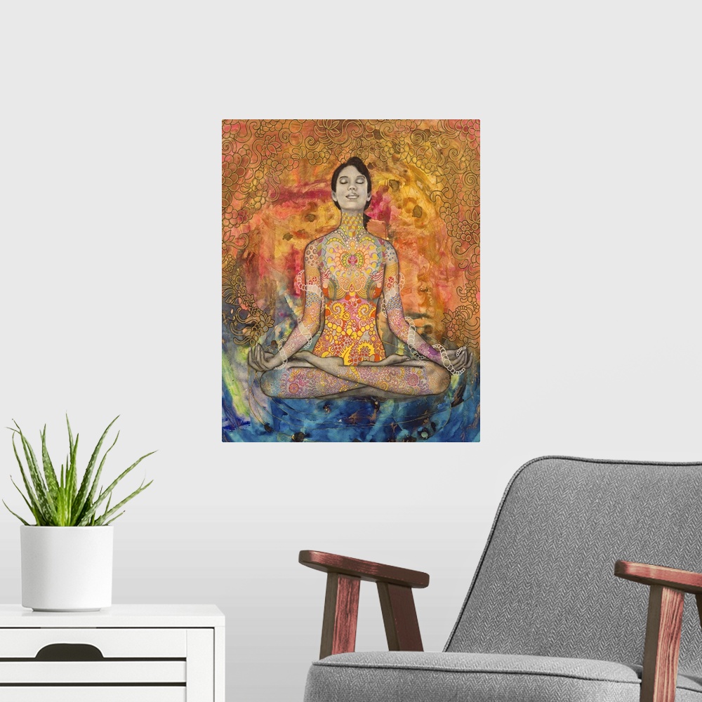 A modern room featuring A woman meditating with her hands on her knees, decorated with florals and swirls, on an orange a...