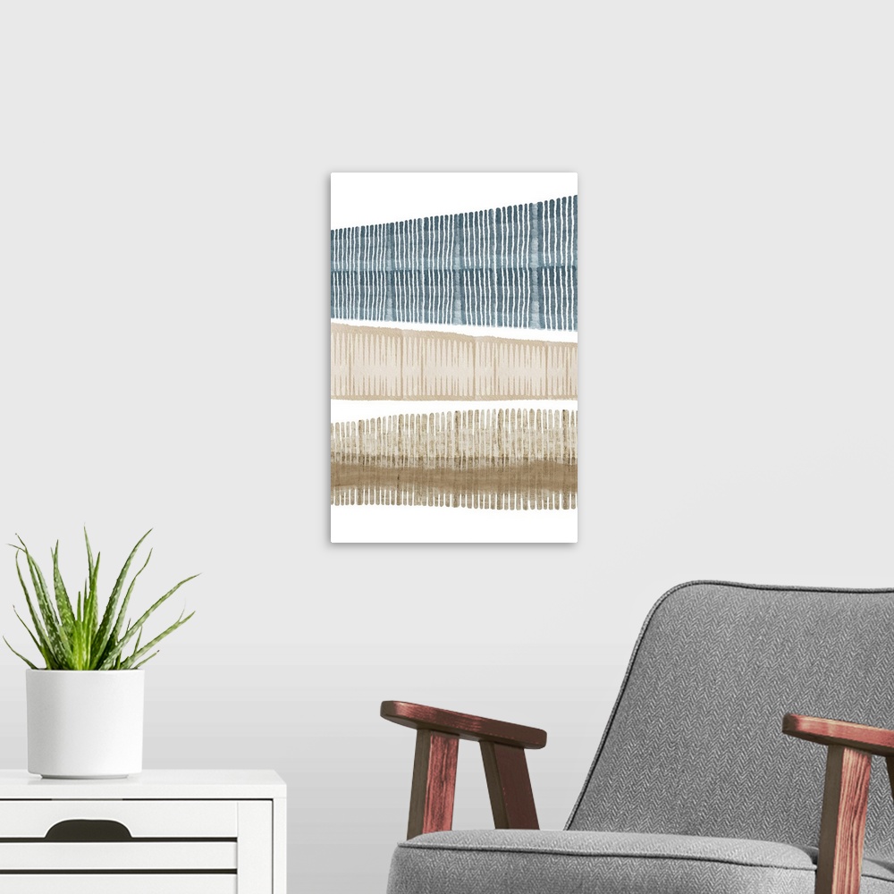 A modern room featuring Blue and beige minimalist abstract art print featured lines and patterns inspired by the natural ...