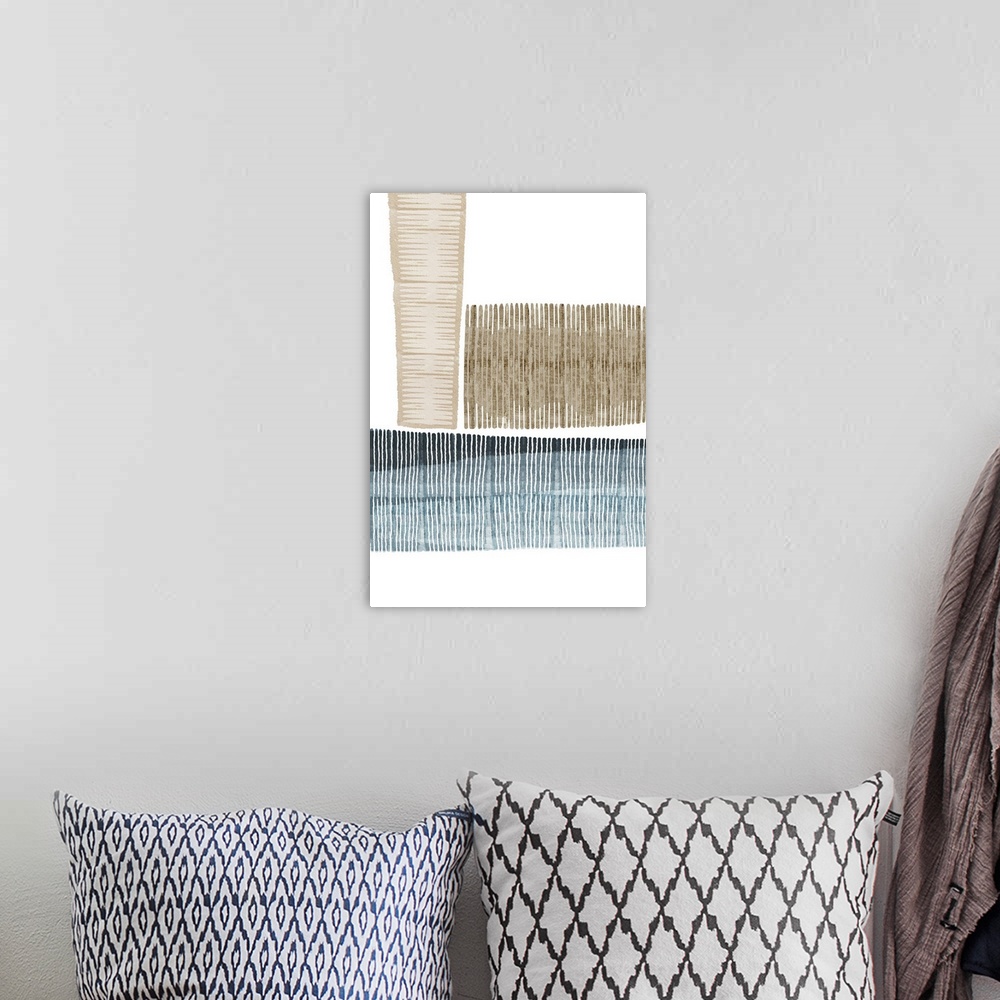 A bohemian room featuring Blue and beige minimalist abstract art print featured lines and patterns inspired by the natural ...