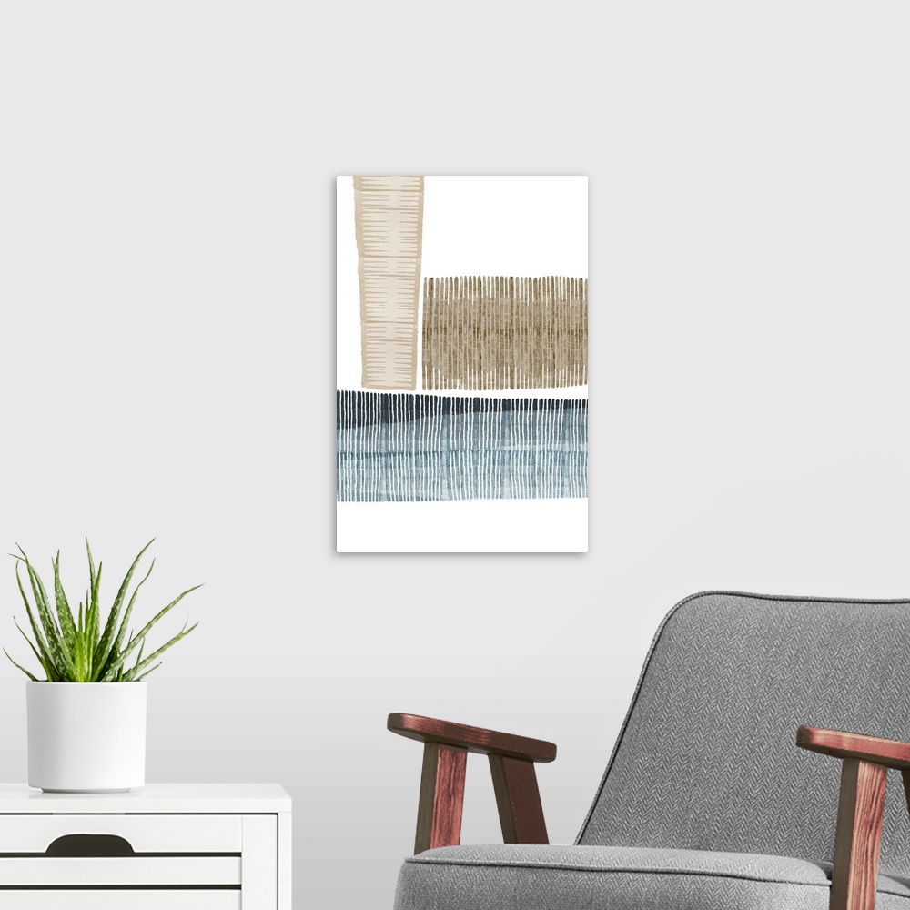 A modern room featuring Blue and beige minimalist abstract art print featured lines and patterns inspired by the natural ...