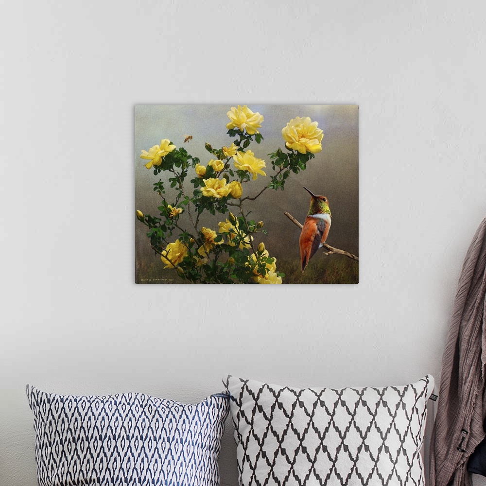 A bohemian room featuring Contemporary artwork of a hummingbird perched on a branch net to a bouquet of yellow roses.