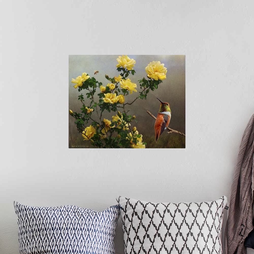 A bohemian room featuring Contemporary artwork of a hummingbird perched on a branch net to a bouquet of yellow roses.