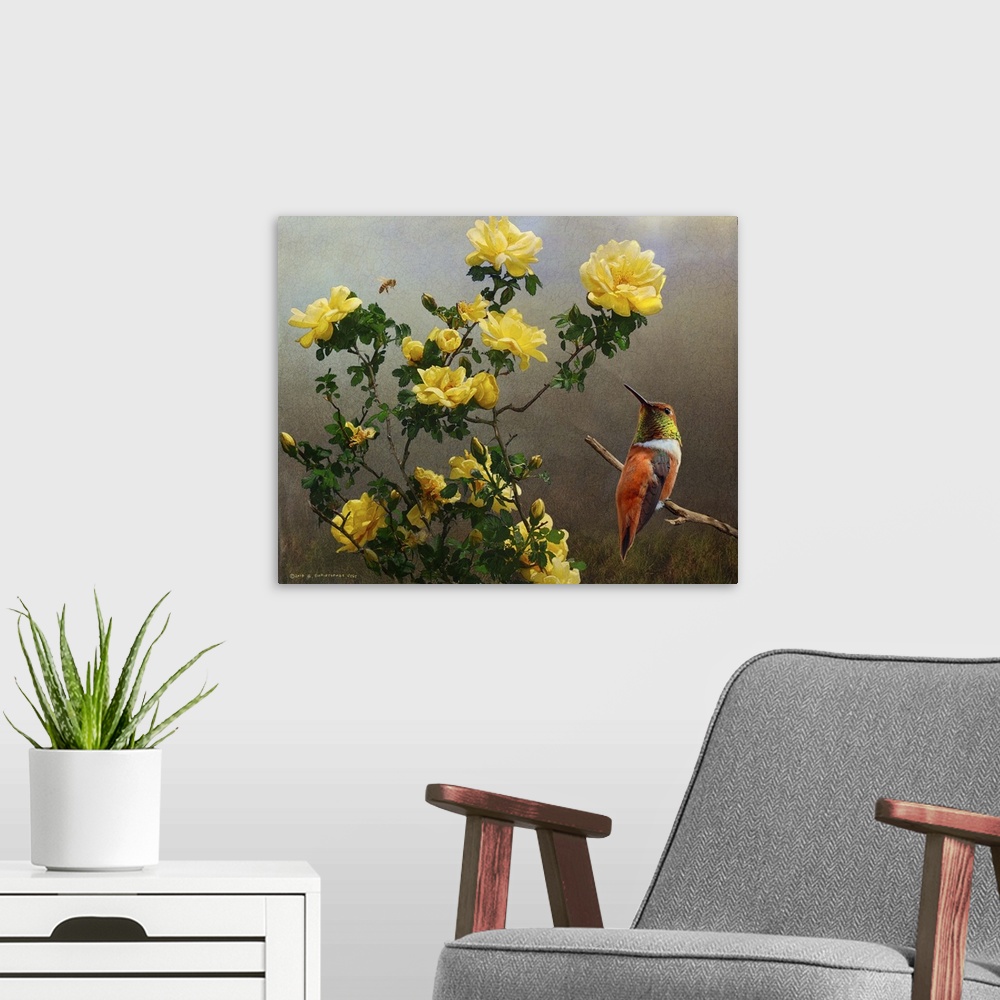 A modern room featuring Contemporary artwork of a hummingbird perched on a branch net to a bouquet of yellow roses.