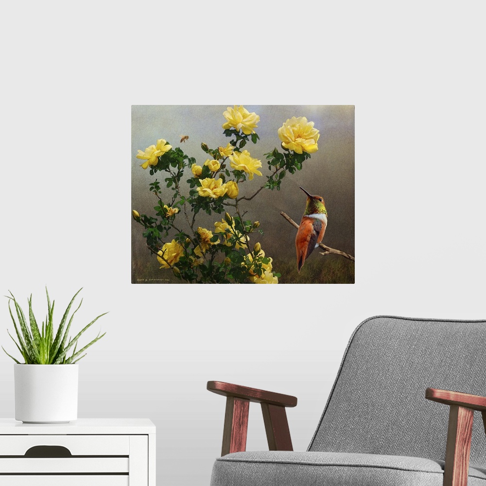 A modern room featuring Contemporary artwork of a hummingbird perched on a branch net to a bouquet of yellow roses.