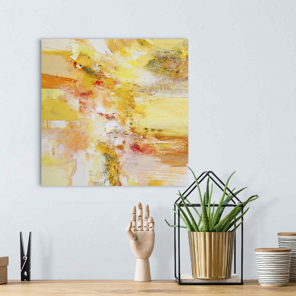 A bohemian room featuring Contemporary abstract art, originally in acrylic, ink, and watercolor, in bright shades of orange...