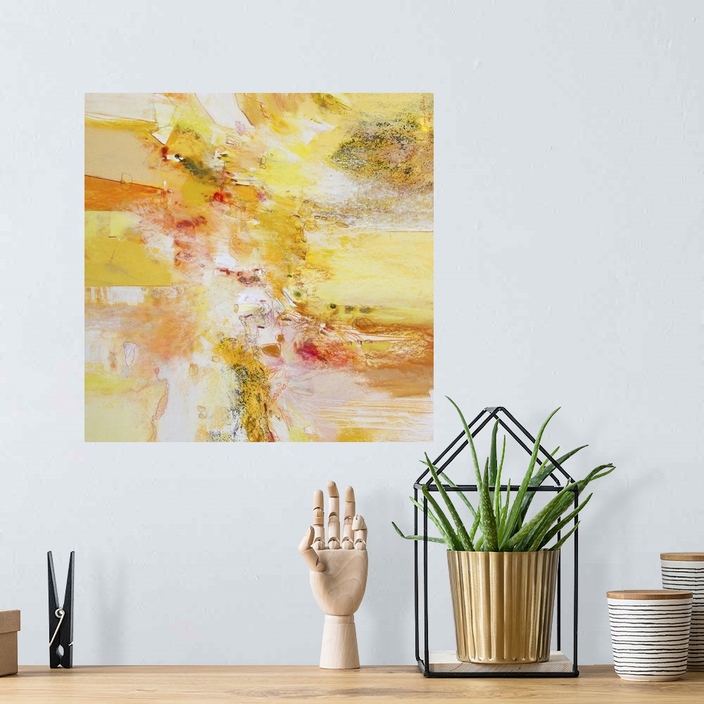 A bohemian room featuring Contemporary abstract art, originally in acrylic, ink, and watercolor, in bright shades of orange...