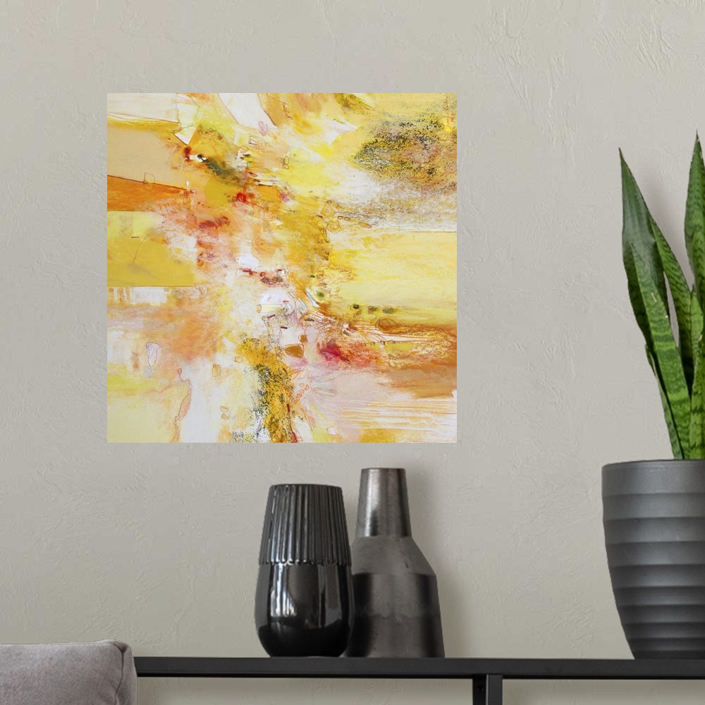 A modern room featuring Contemporary abstract art, originally in acrylic, ink, and watercolor, in bright shades of orange...