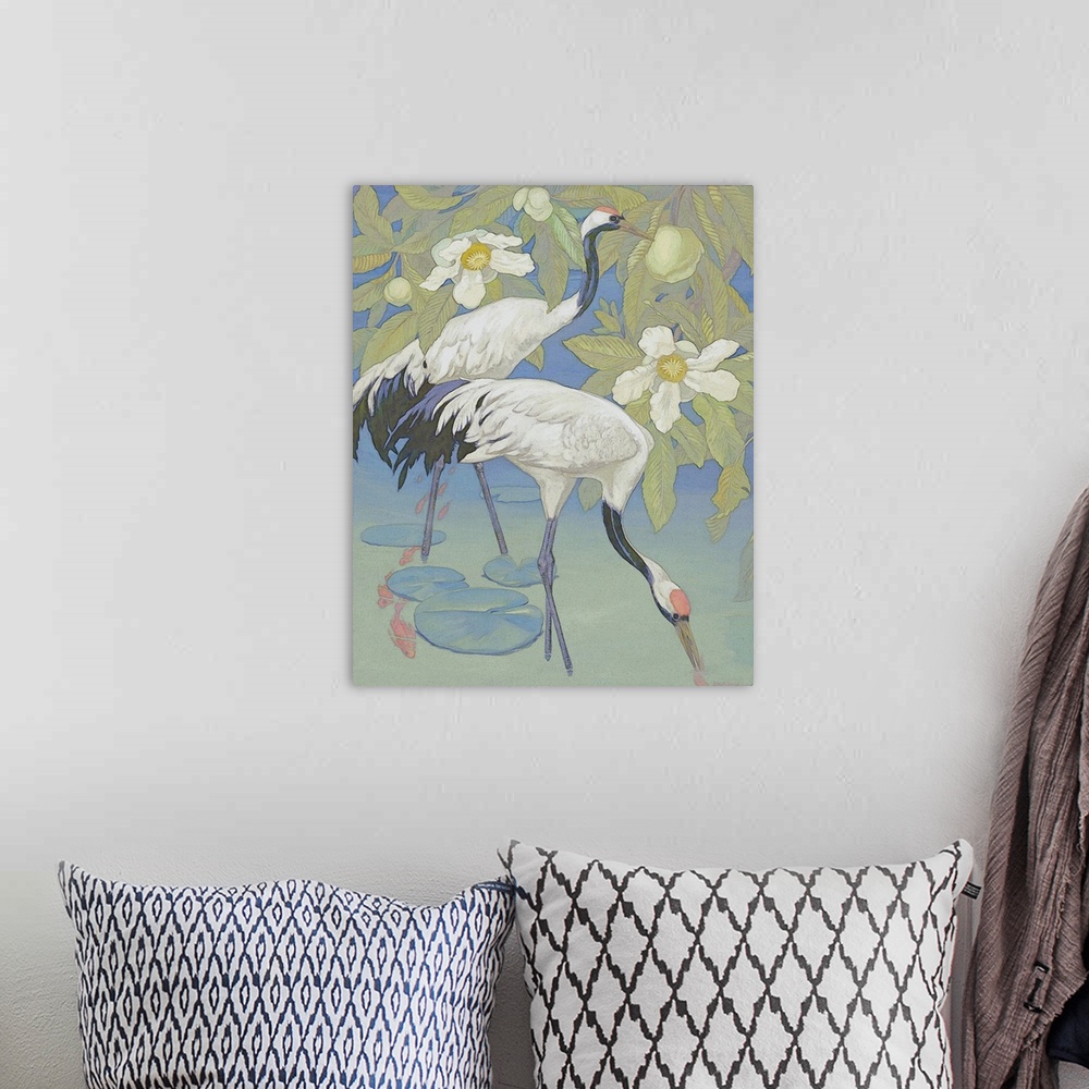 A bohemian room featuring A watercolor rendition of two white and blue mystic cranes in lush tropical setting, with water a...