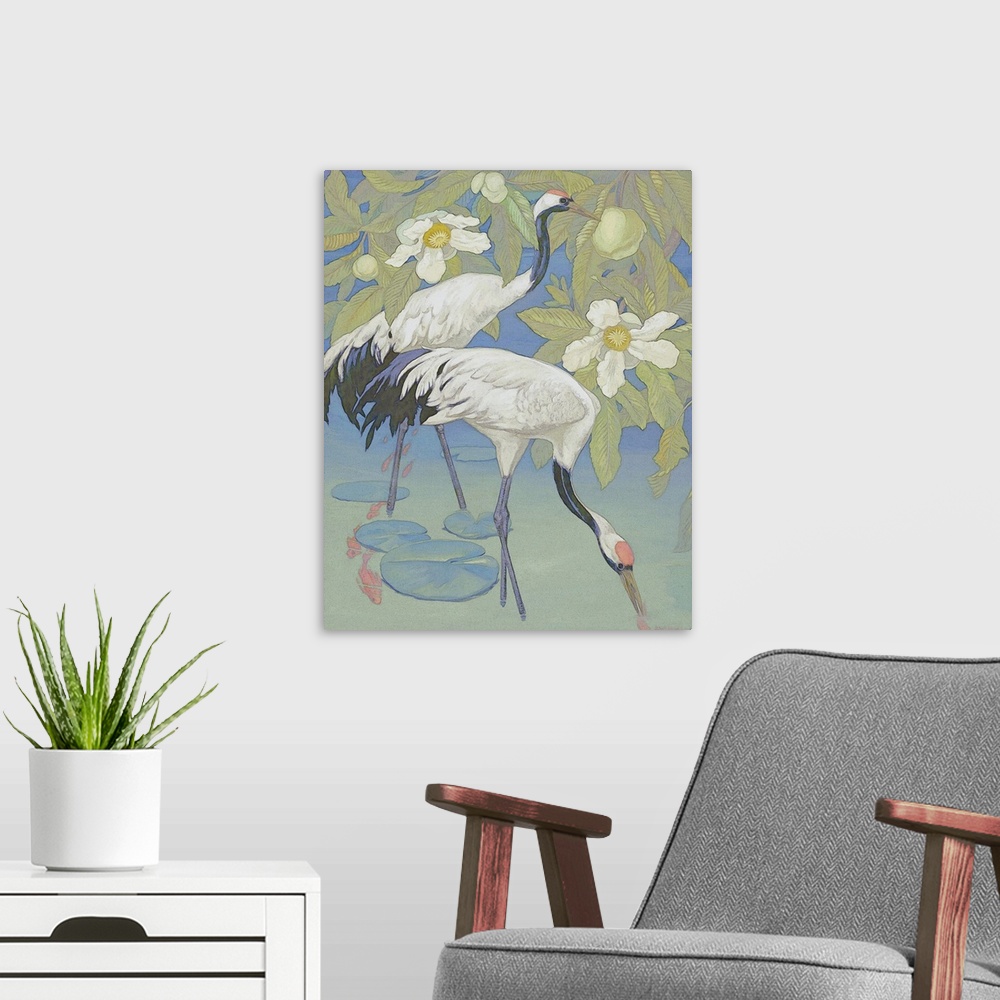 A modern room featuring A watercolor rendition of two white and blue mystic cranes in lush tropical setting, with water a...
