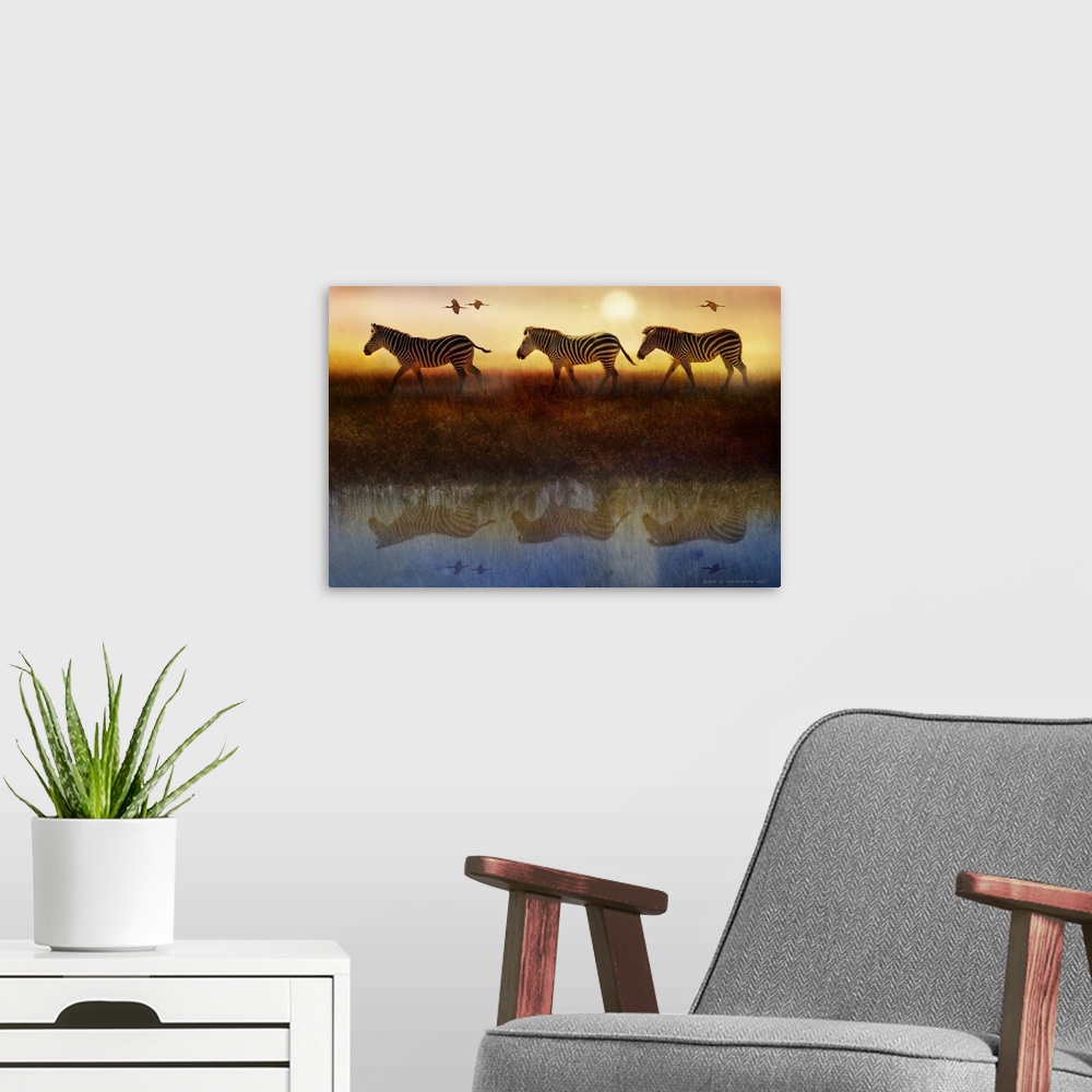 A modern room featuring Contemporary artwork of three zebras walking single file through the Serengeti.