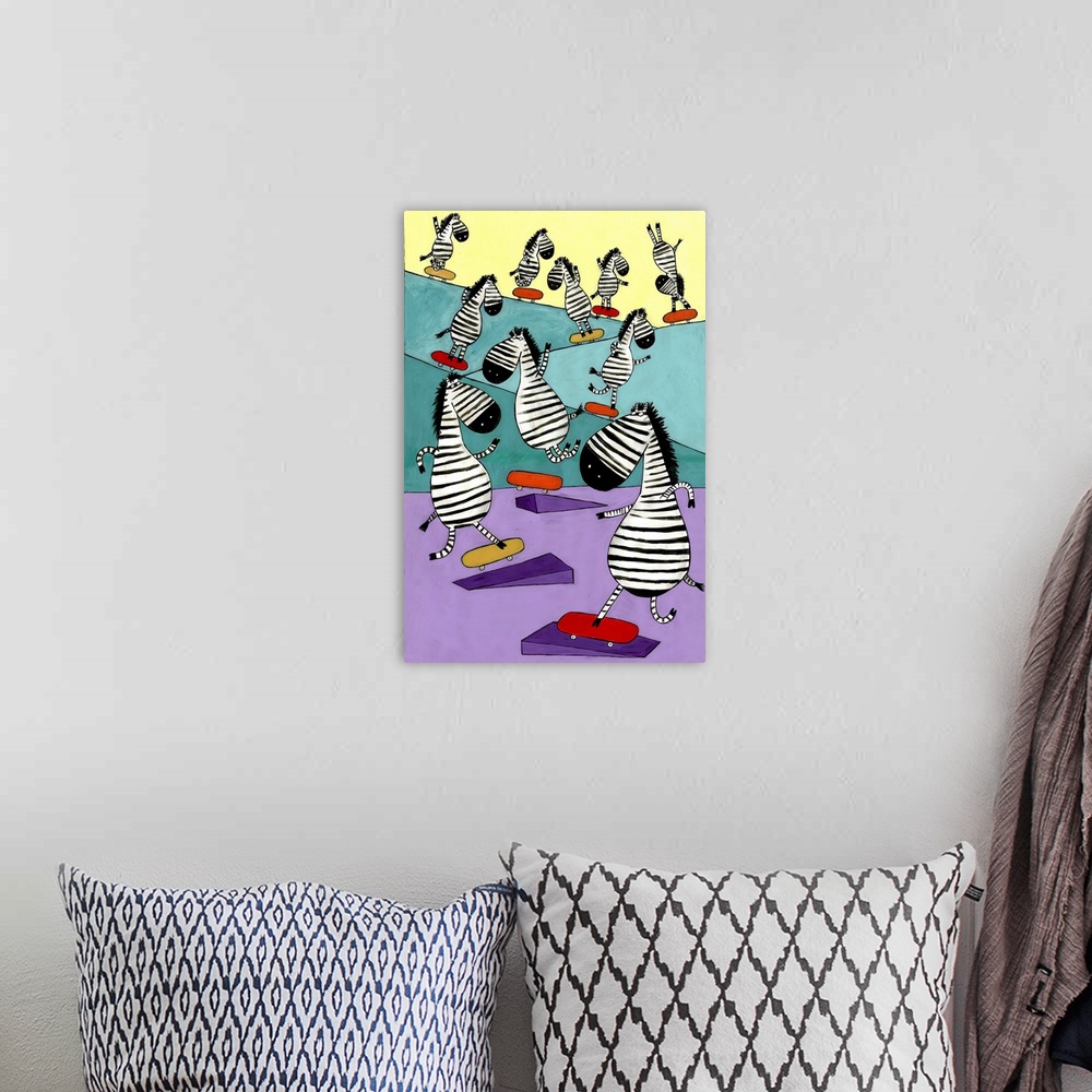 A bohemian room featuring Zebra Skateboarding in the skate park. Illustrated by artist Carla Daly.