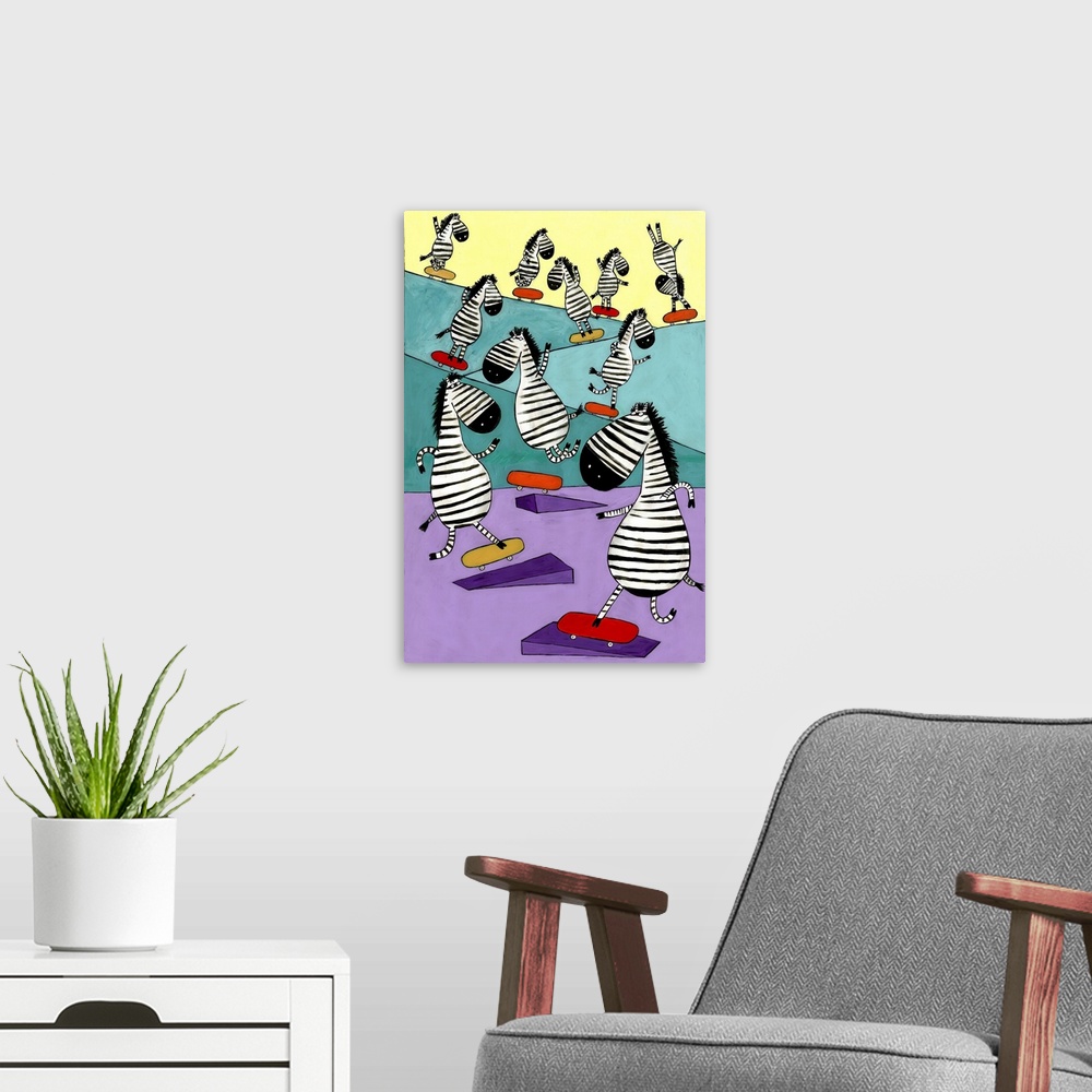 A modern room featuring Zebra Skateboarding in the skate park. Illustrated by artist Carla Daly.