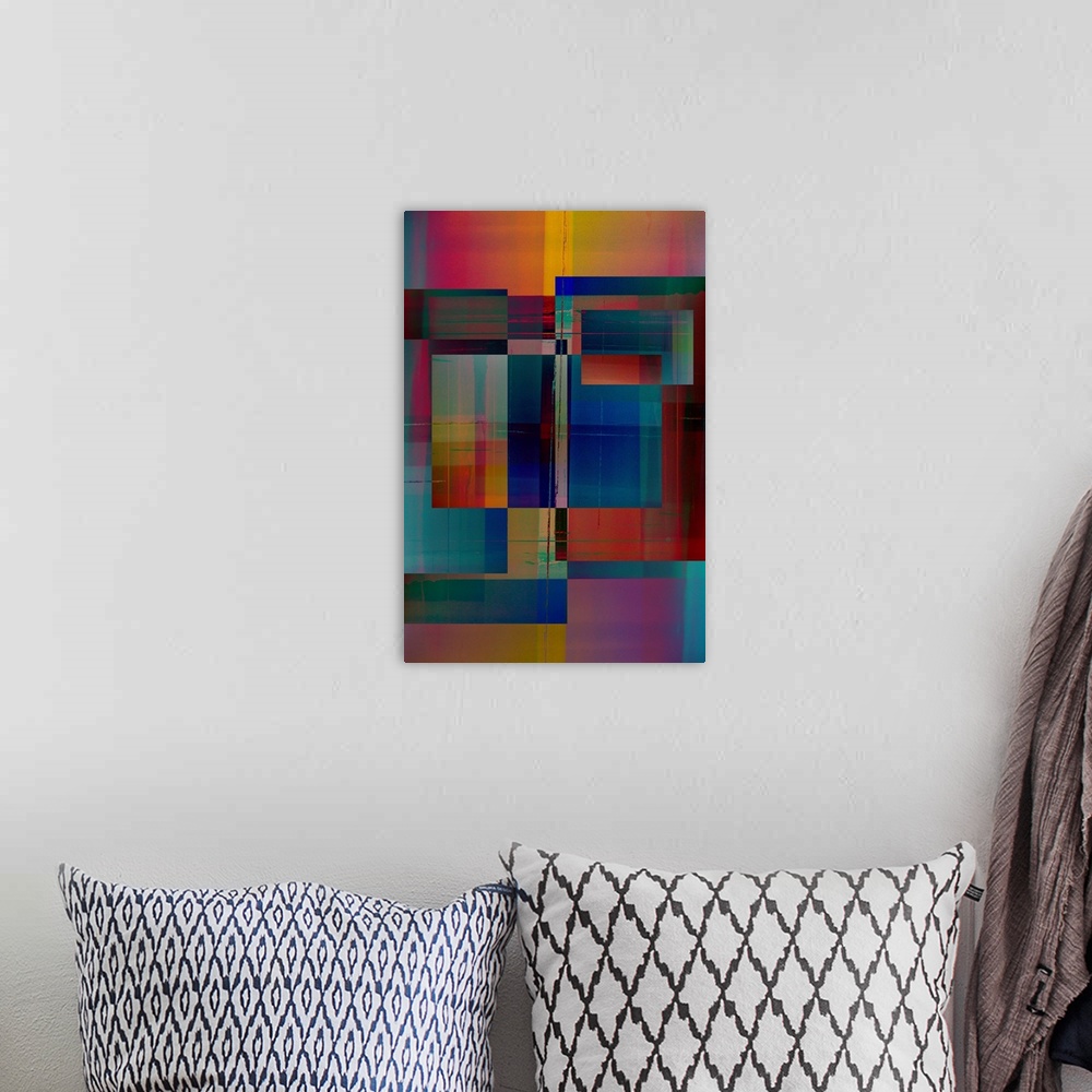 A bohemian room featuring Geometric abstract artwork that consists of multi-colored rectangular shapes.