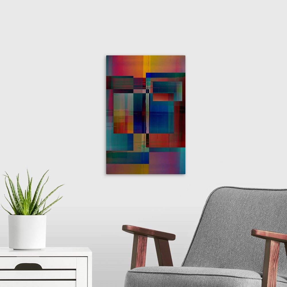 A modern room featuring Geometric abstract artwork that consists of multi-colored rectangular shapes.
