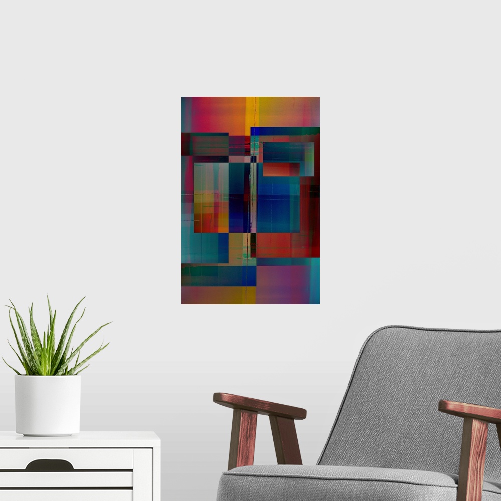 A modern room featuring Geometric abstract artwork that consists of multi-colored rectangular shapes.