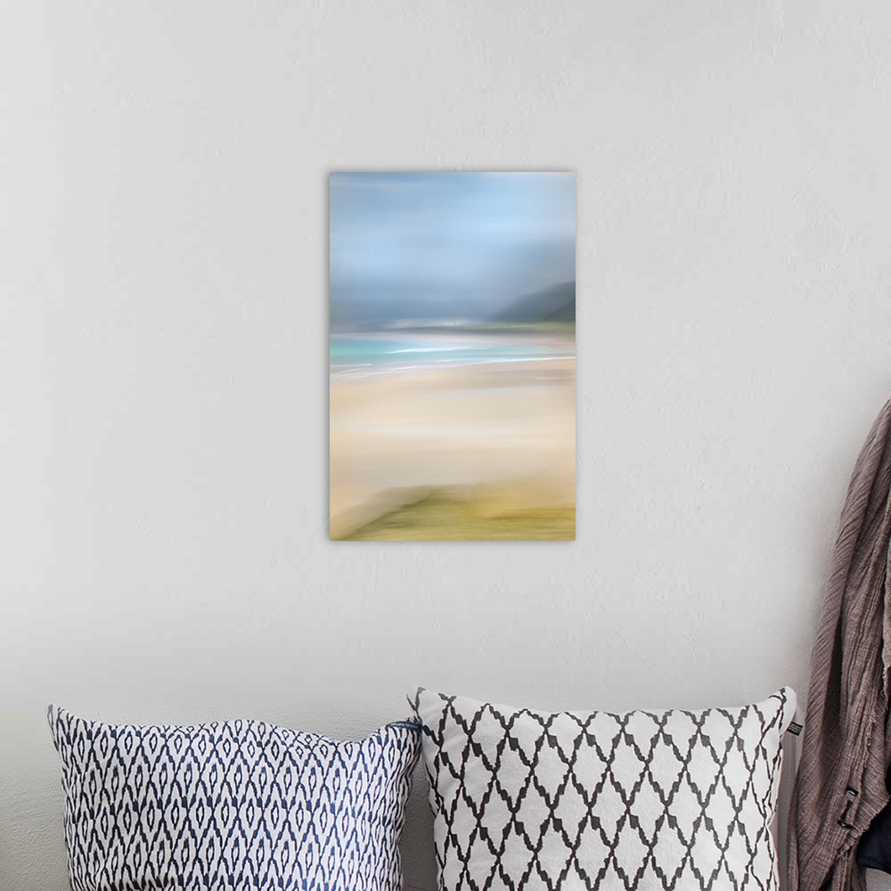 A bohemian room featuring Beautiful abstract beach of blue skies and teal waves.