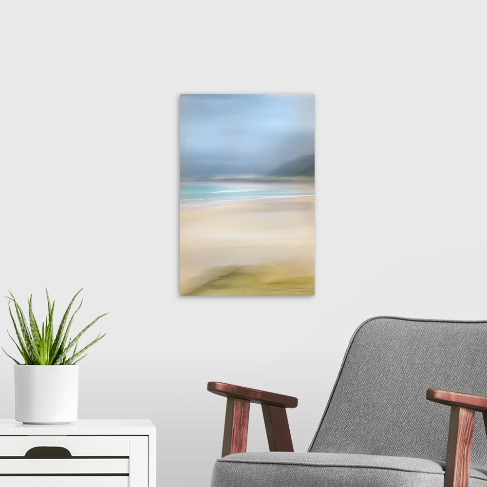 A modern room featuring Beautiful abstract beach of blue skies and teal waves.