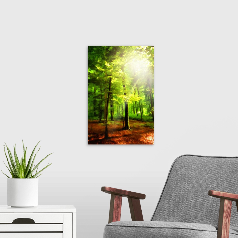 A modern room featuring A vibrant colorful photograph of a forest with sunlight shining through the canopy.
