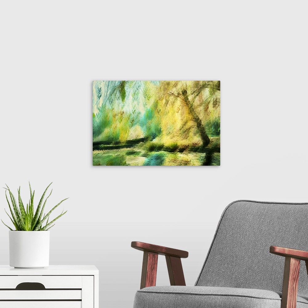 A modern room featuring In-camera-movement and multiple exposures coupled with bright colors provides energy to a pond sc...