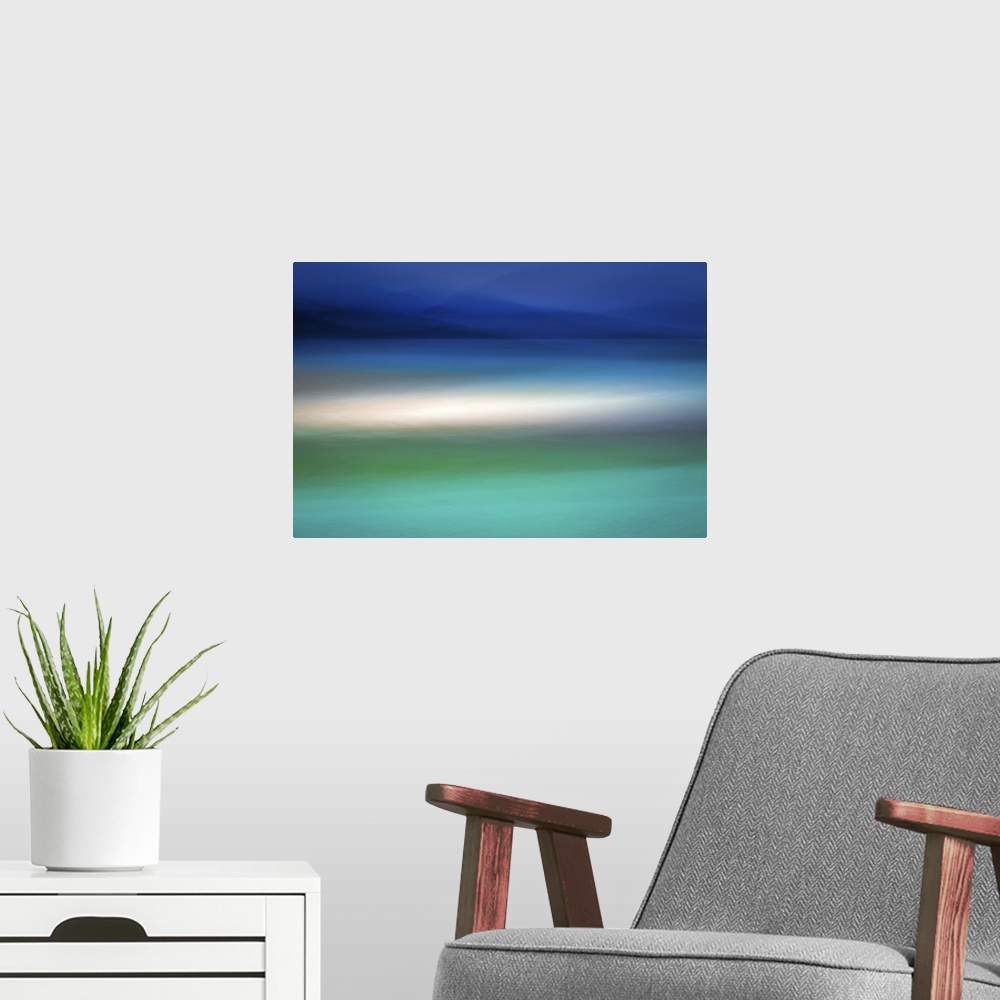 A modern room featuring Colorful abstract  of mountains, sand, and teal blue water in a minimalist style.