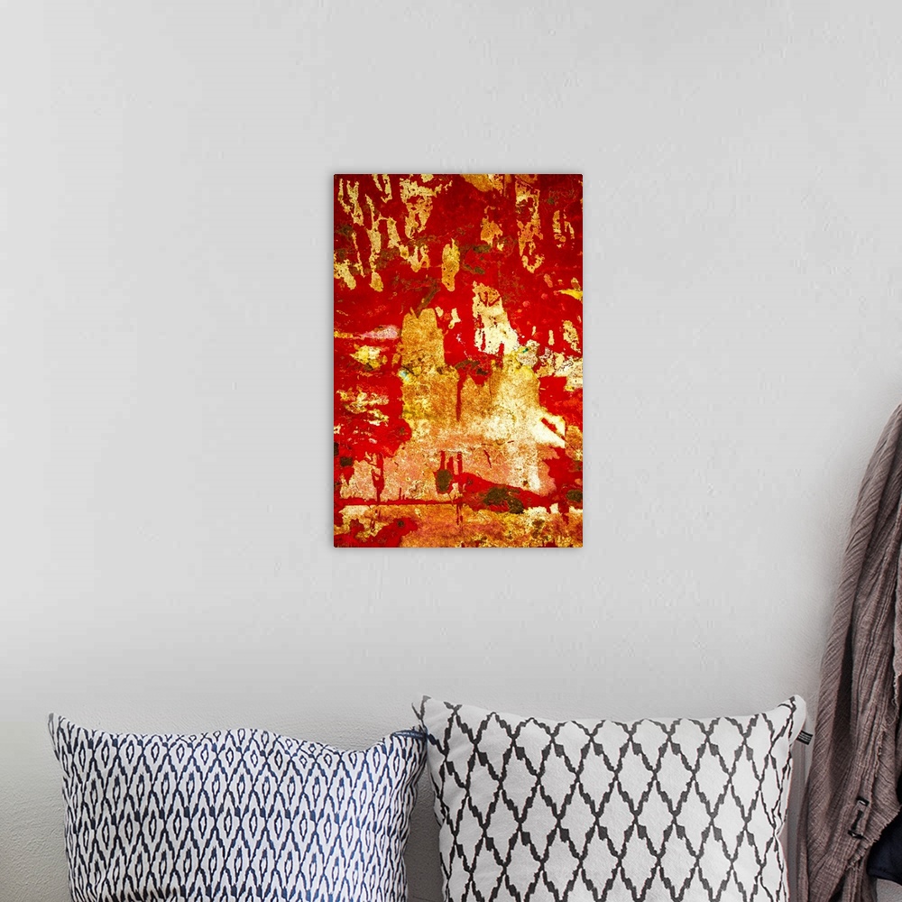 A bohemian room featuring Close up of graffiti on a wall, creating an abstract image in red and gold.