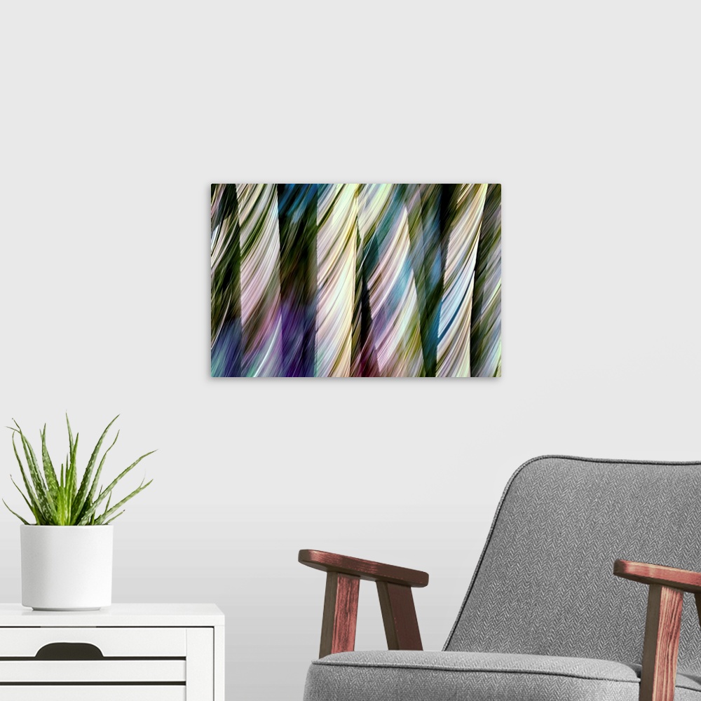 A modern room featuring Abstract photo of a forest, shot with a long exposure to create shapes out of the sunlight throug...